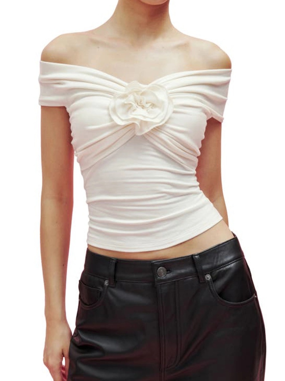 Reformation Emerald Ivory/Cream Off-Shoulder Floral Applique Top